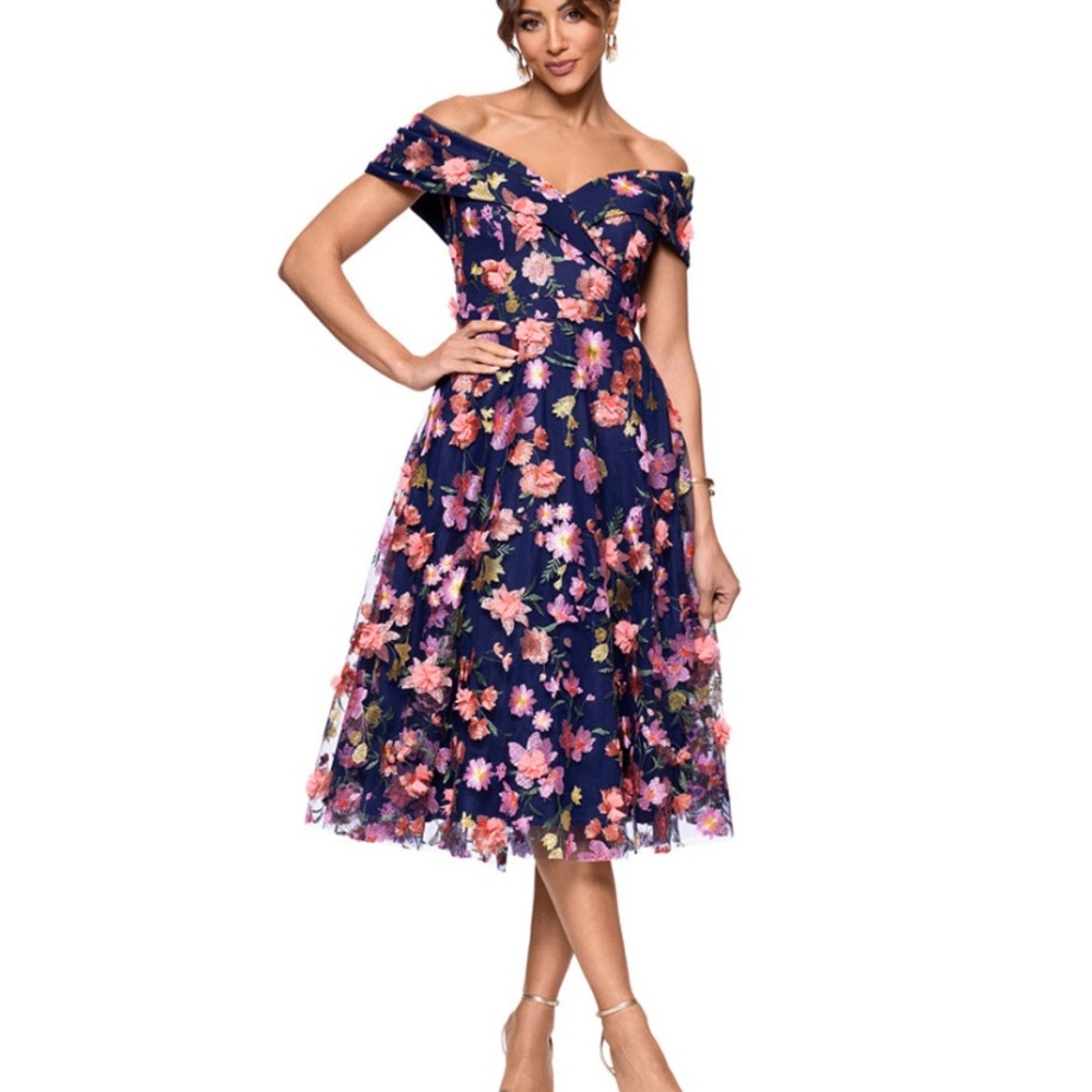 Xscape Navy Blue Off-Shoulder Midi Dress with Pink Floral Embroidery